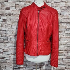 Maralyn & Me Red Women's Quilted Sleeve Moto Faux Jacket
